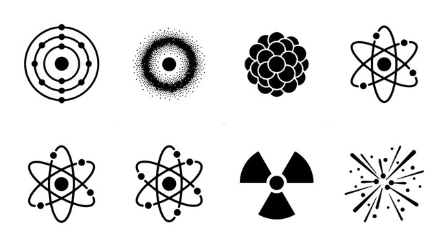 Atomic Structure Icons, Nuclear Energy Symbols, Science & Research Graphics, Chemistry & Physics Concepts, Vector Set