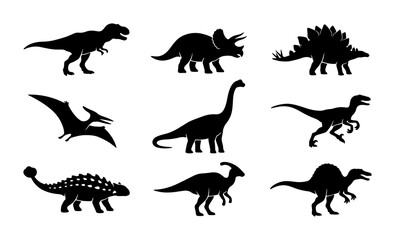 Diverse Dinosaur Silhouettes Collection, Prehistoric Reptile Icons, Jurassic Era Vector Set, Ancient Creature Graphics for Educational and Thematic Designs © Roksana