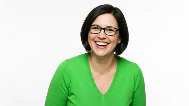 Happy Woman with Glasses Laughing Out Loud in Green Sweater
