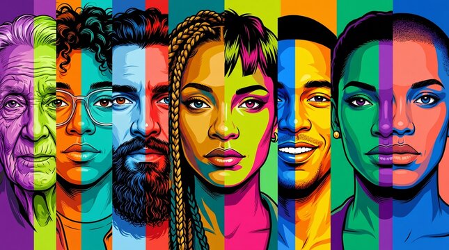 A vibrant digital illustration featuring diverse faces segmented by colorful vertical stripes, symbolizing multiculturalism and unity.