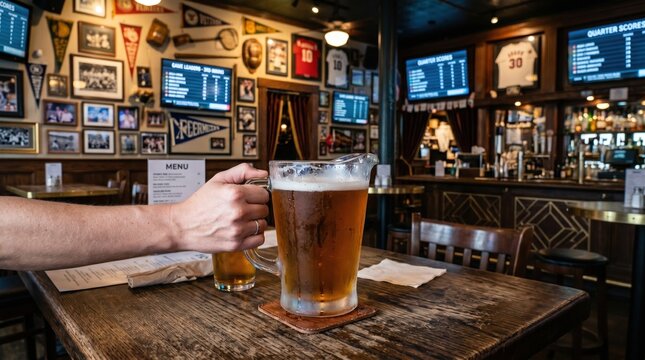 A cold pitcher of beer on a wooden table inside a lively sports bar with game scores on screens