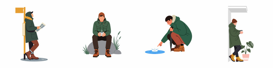 A collection of flat vector illustrations showing a man in a green parka and winter boots during different seasonal activities, isolated on white. © Yudoyono