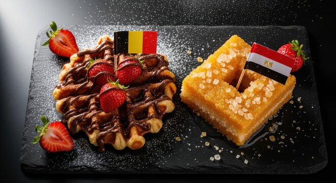 Delicious Belgian waffle and Egyptian basbousa served on black slate
