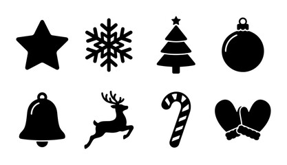 Christmas Icons Vector Set: Festive Holiday Symbols Including Star, Snowflake, Tree, Ornament, Bell, Reindeer, Candy Cane, and Mittens for Seasonal Design Projects © Shaila