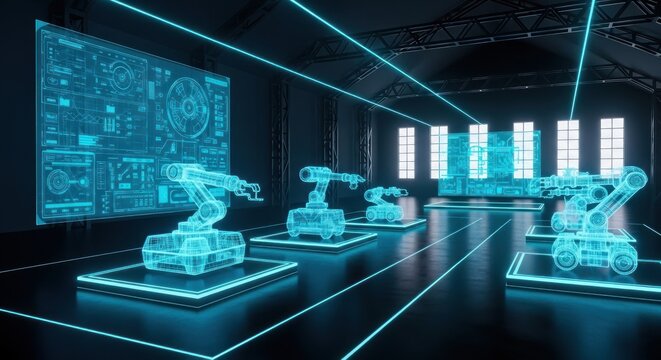 Robotic arms and futuristic vehicles showcased on platforms in a high-tech room with neon lines and screens displaying blueprints.