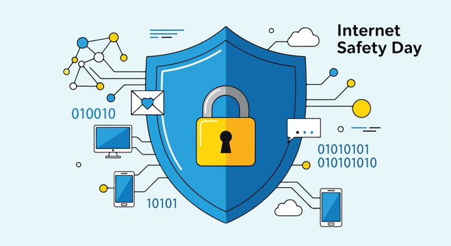 A blue shield with a yellow padlock surrounded by internet devices