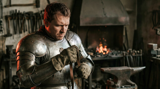 A serious medieval knight in full steel armor adjusts his leather straps inside a dark, atmospheric blacksmith forge with fire glowing in the background fireplace.