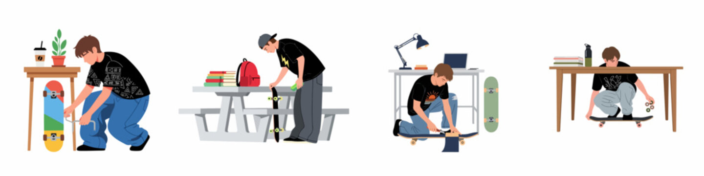 Collection of illustrations featuring a young man repairing and maintaining skateboards in various indoor and outdoor settings, isolated on white background.