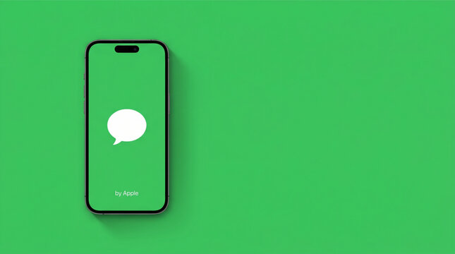 Apple Messages iMessage app icon on the smartphone iPhone 15 Pro screen with a large shadow giving the feeling of floating on top of the background. Solid green background. Minimalist mockup design.