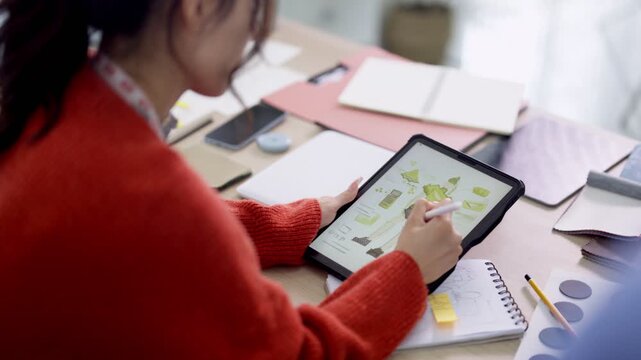 Young Asian fashion designer touching digital tablet with colorful design sketches while working at creative studio desk with color swatches and notes