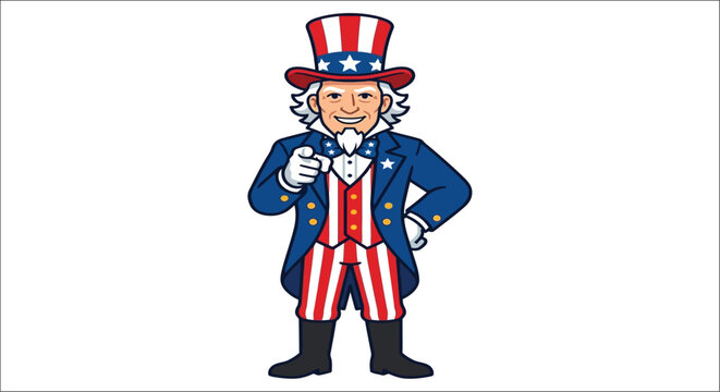 Uncle Sam illustration with striped suit and top hat on white background