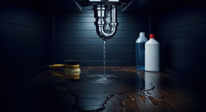 Water drips from a leaky pipe onto a cracked floor next to cleaning supplies