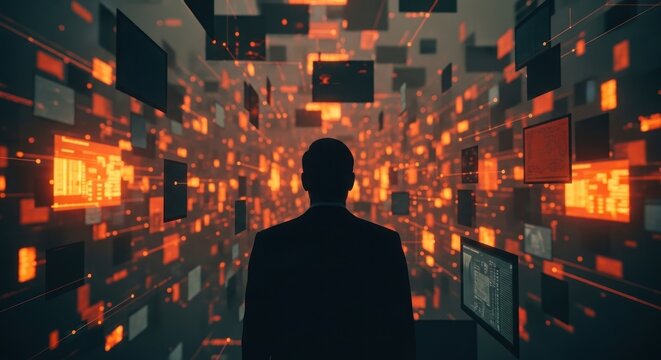 A man stands in a futuristic cityscape surrounded by glowing screens and Technology at night.