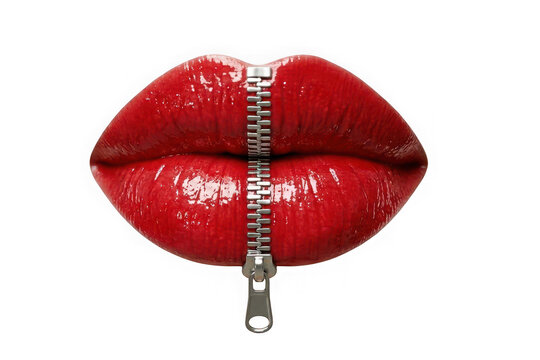 Closeup of glossy red lips with a metal zipper closed over the mouth, symbolizing silence, secrecy, or keeping a secret, isolated on transparent background