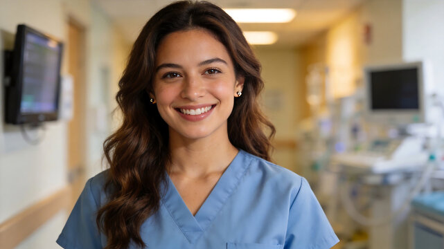 Smiling healthcare worker in hospital corridor representing a commitment to global public health