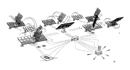 Fototapeta premium Renewable energy solar farm power distribution network diagram showing energy collection and transmission to central grid monitoring station for utility scale