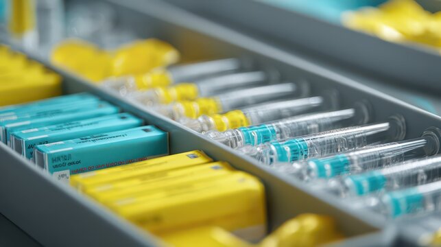 Tray of prefilled syringes and vaccine vials organized for hepatitis vaccination clinic background for public health campaign and supply management