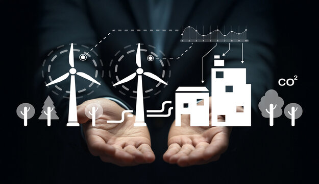 Visual Representation of Renewable Energy Concepts with Wind Turbines, Emissions Reduction Graphics, and Sustainability Themes for Eco-Friendly Living