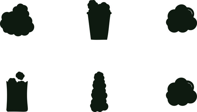 Collection of six black silhouette icons representing popcorn servings and popcorn kernels isolated on transparent background