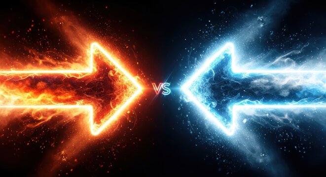 Two glowing arrows clash in a dark space environment with fire and ice effects