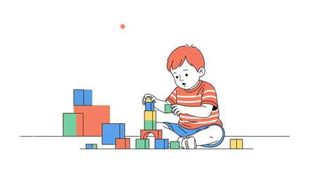 Naklejka premium Cute boy playing with colorful building blocks, vector illustration for childhood and creativity concepts.