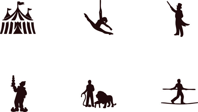 Silhouette icons of people performing circus acts and a lion tamer with tent