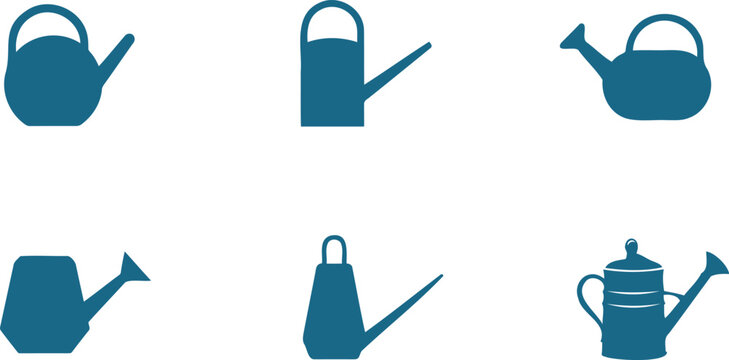 Set of six different blue watering can icons on white background for gardening needs