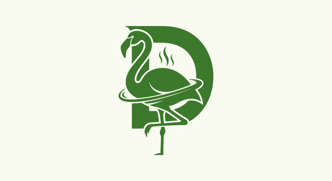 Green flamingo logo with circular design element.