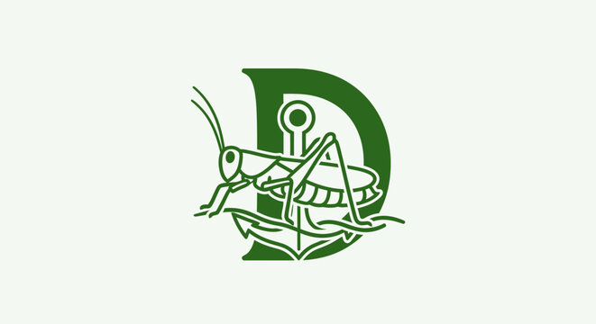 Green Grasshopper Logo Design with Letter D.