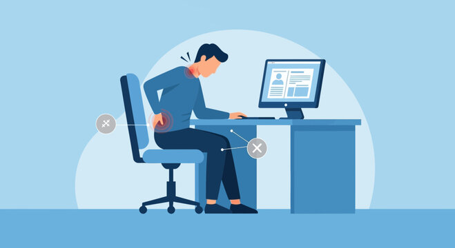 Man suffering from back, neck and leg pain from bad posture at office desk