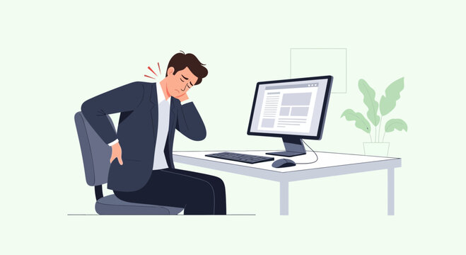 Man suffering from back and neck pain while working at computer desk