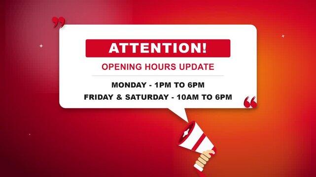 Business hours announcement board with megaphone on red background
