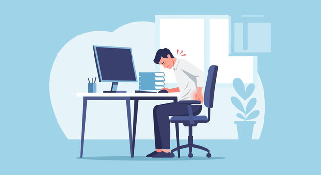 Man with back pain at computer desk, office worker stress, bad posture, healthcare concept