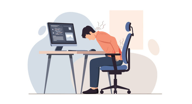 Man with back pain at computer, office worker with posture problems and stress