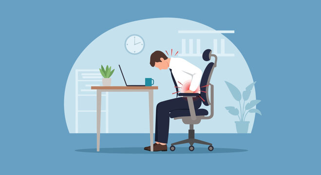 Office Worker Back Pain, Neck Pain, Stress from Sitting at Desk, Computer Strain