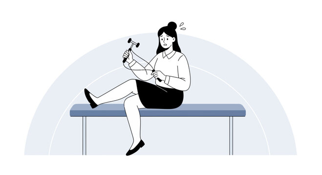Doctor performing reflex test with hammer, medical examination illustration