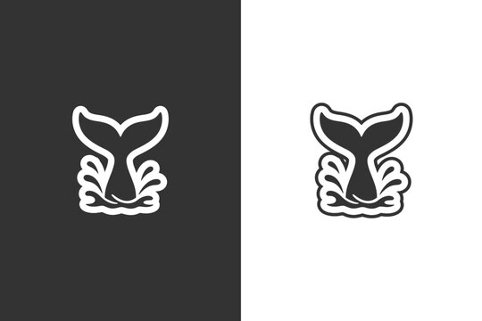 A stylized whale tail icon is depicted diving into a water splash, presented in both black and white