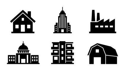 Building Icons Collection: Residential House, Skyscraper, Factory, Government, Apartment Block, Barn Silhouettes © Hasan