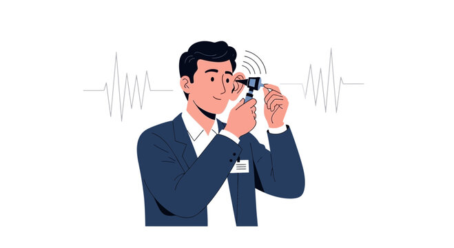 Doctor using otoscope to examine ear, audiogram wave in background, healthcare concept illustration