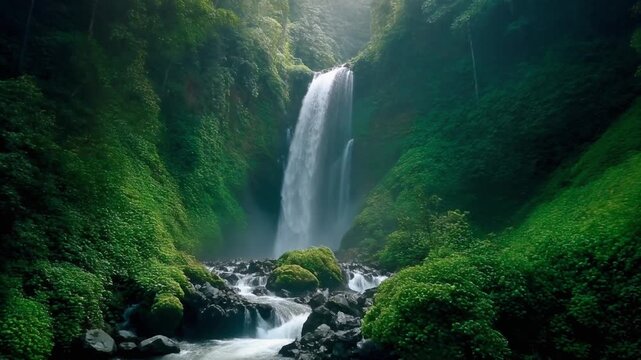 Waterfall cascading down tropical cliffside surrounded by lush green forest jungle