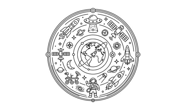 Modern spaceship line icons with editable space travel vector design