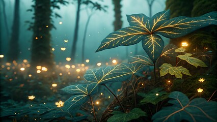 Naklejka premium Cinematic macro shot of mysterious glowing flora in a foggy enchanted woodland, bioluminescence concept
