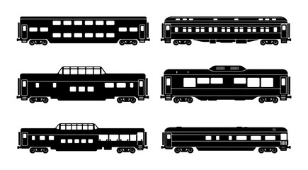 Vintage Train Car Silhouettes, Classic Passenger Coaches, Retro Railway Vehicles, Black and White Vector Set for Transportation Graphics © Raihan