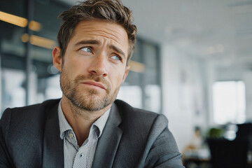 Fototapeta premium Close up portrait of a thoughtful businessman considering a difficult decision in a modern office with soft natural light