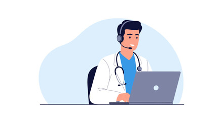 Fototapeta premium Doctor with Headset and Laptop for Telemedicine Consultation