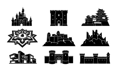 Diverse Castle and Fortress Silhouettes, Medieval Fortifications, Ancient Ruins, Modern Architecture, Fantasy Architecture, Architectural Icons, Vector Set © Raihan