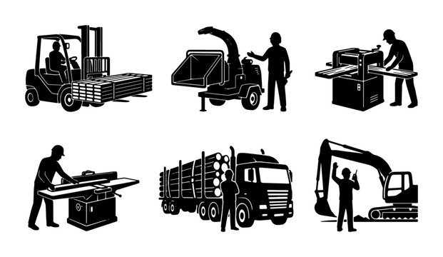 Industrial Equipment Silhouettes: Forklift, Chipper, Planer, Saw, Log Truck, Excavator icons for heavy machinery and construction