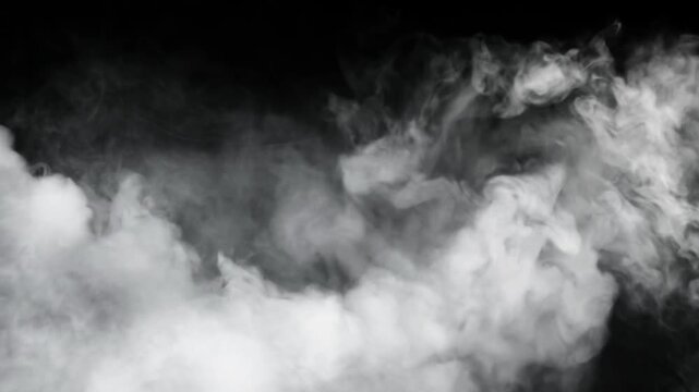 Smoke billows in thick white plumes against a stark black background to illustrate a sense of mystery or industrial environmental pollution.