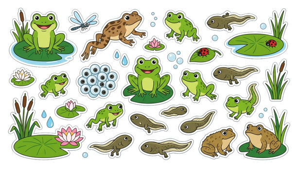 Adorable Pond Amphibians Bundle with Baby Frogs Tadpoles and Natural Habitat Vector Illustration