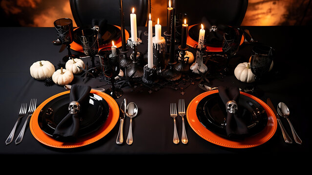 Table setting for Halloween dinner with black plates, orange chargers and skull napkin rings. Spooky centerpiece with candles and white pumpkin decor for festive holiday party.